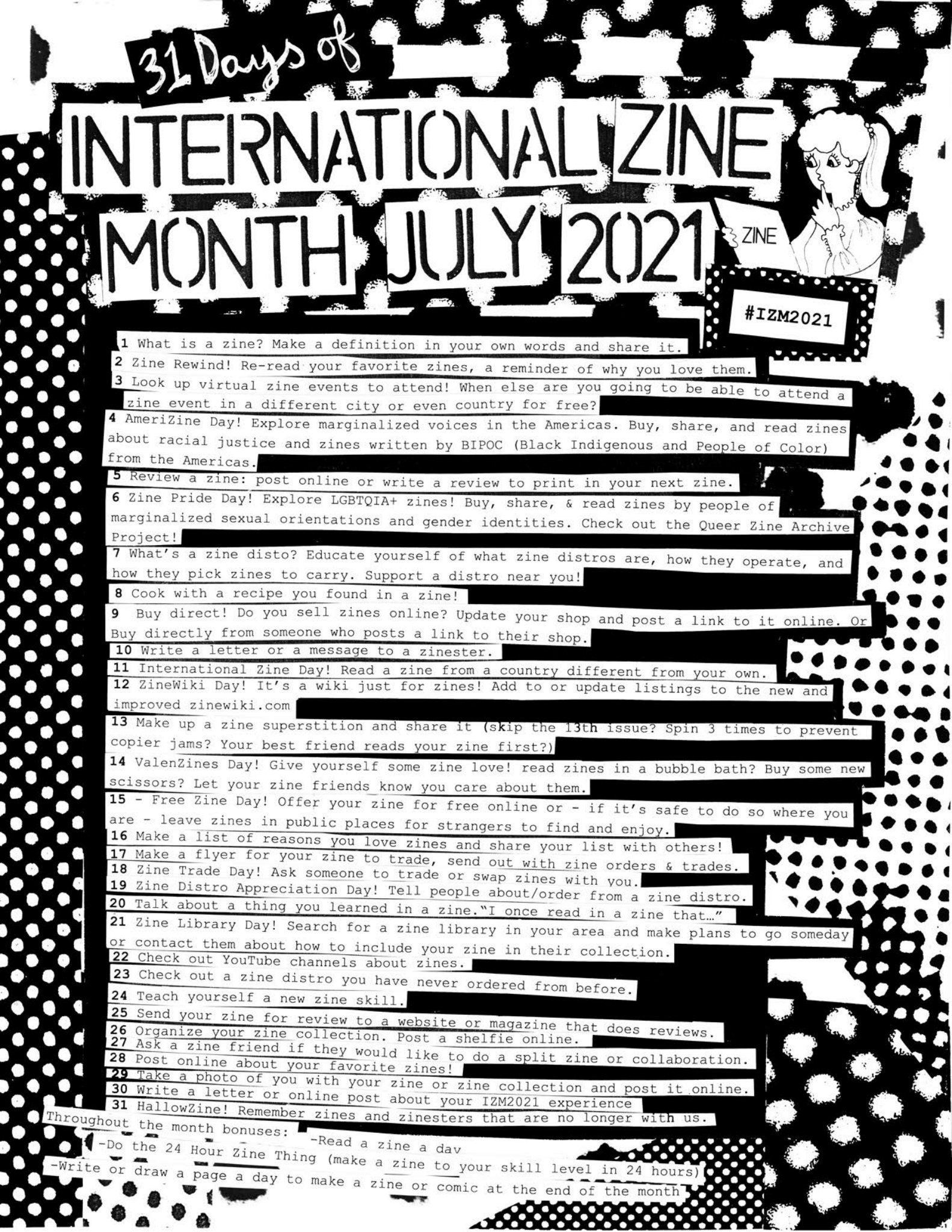 cut-and-paste style flyer featuring 31 days of things to do to celebrate zines in July 2021