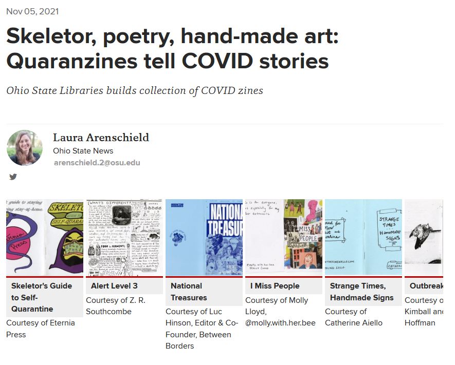 screenshot of article title and images of zines in the collection