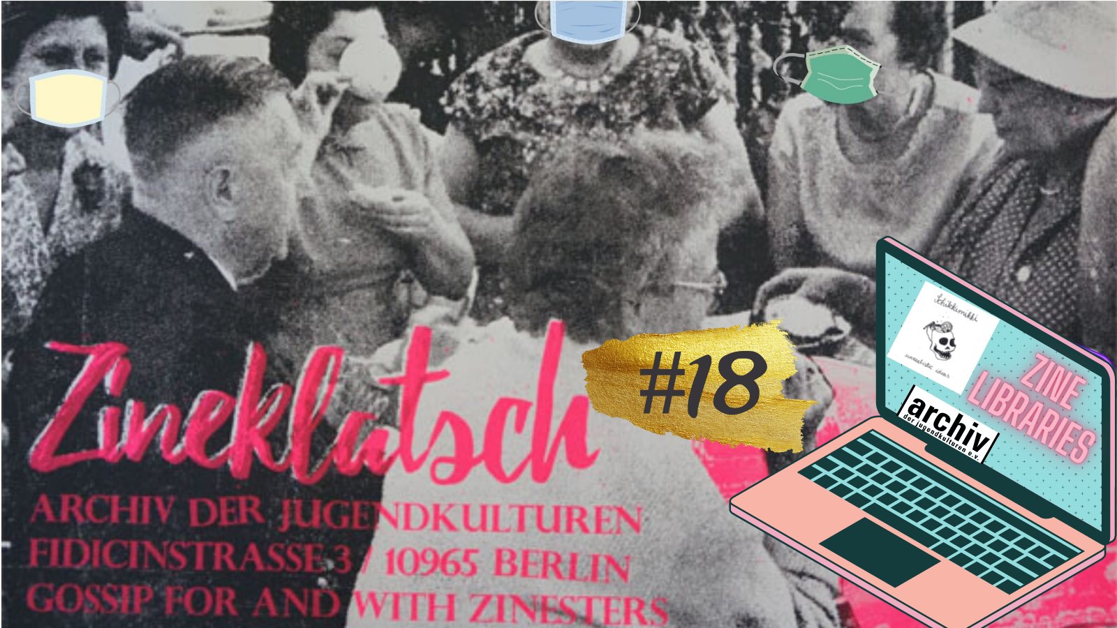 flyer for Zineklatsch #18 featuring a black and white photo of older white people having tea 