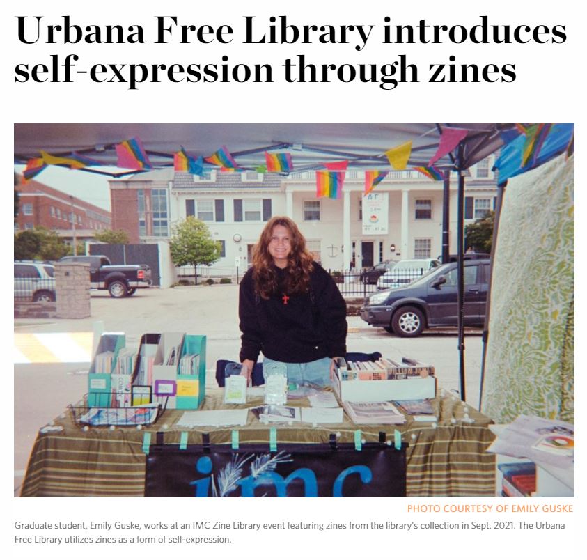 screenshot of the story headline featuring a photo illustration of a young white woman standing in front of a table with many zines