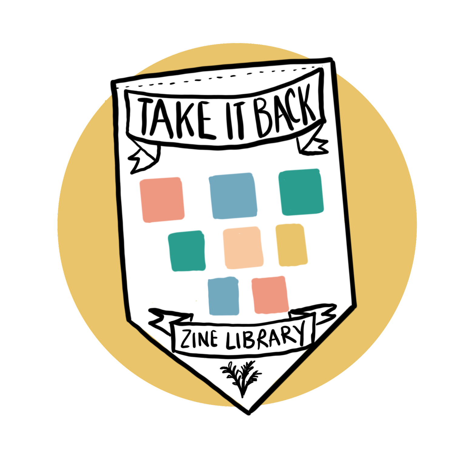 logo of the Take It Back Zine Library, shaped like a shield