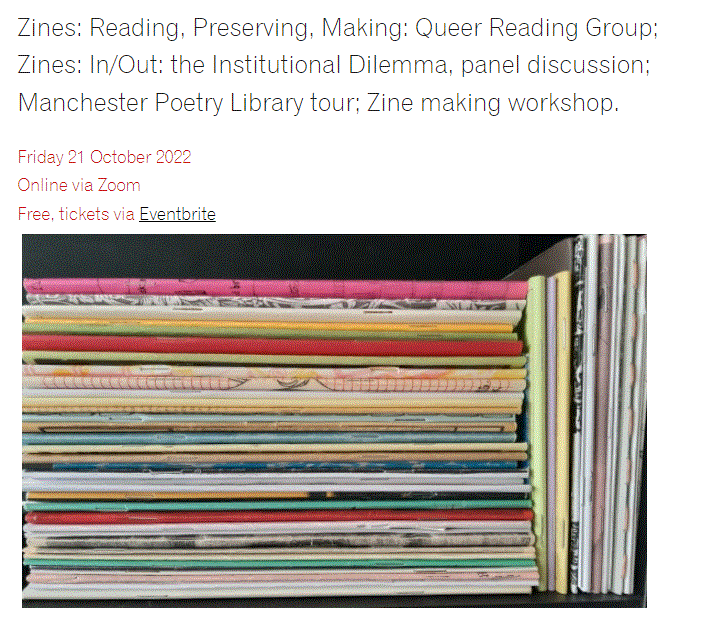 screenshot of Zines event on October 21st at University College London, featuring a photo illustration of the stapled spines of zines