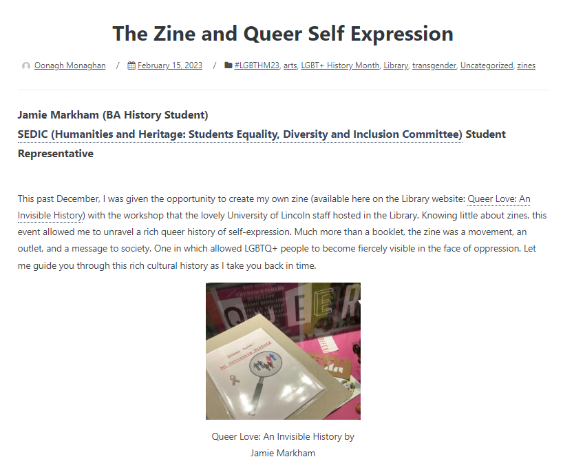 screenshot of a blog post titled "The Zine and Queer Self Expression," featuring an image of a zine in a library with the cover showing the title "Queer Love: An Invisible History"