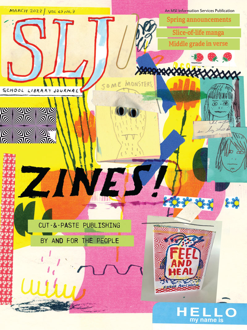 colorful, cut and paste style illustration on the cover of School Library Journal's March 2023 issue