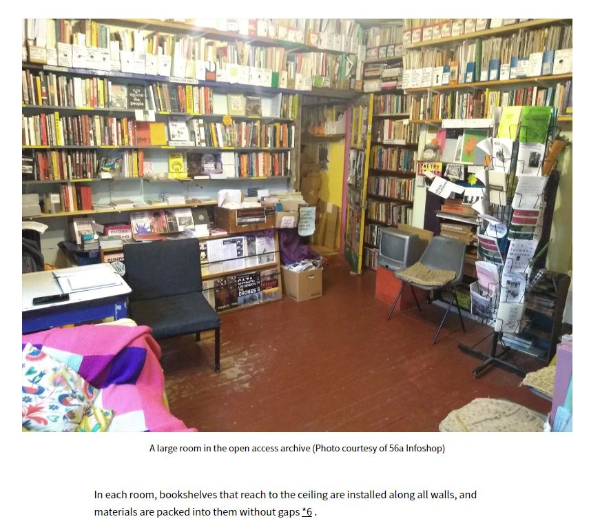 screenshot from article featuring the full shelves of London's 56a Infoshop and the sentence "In each room, bookshelves that reach to the ceiling are installed along all walls, and materials are packed into them without gaps."