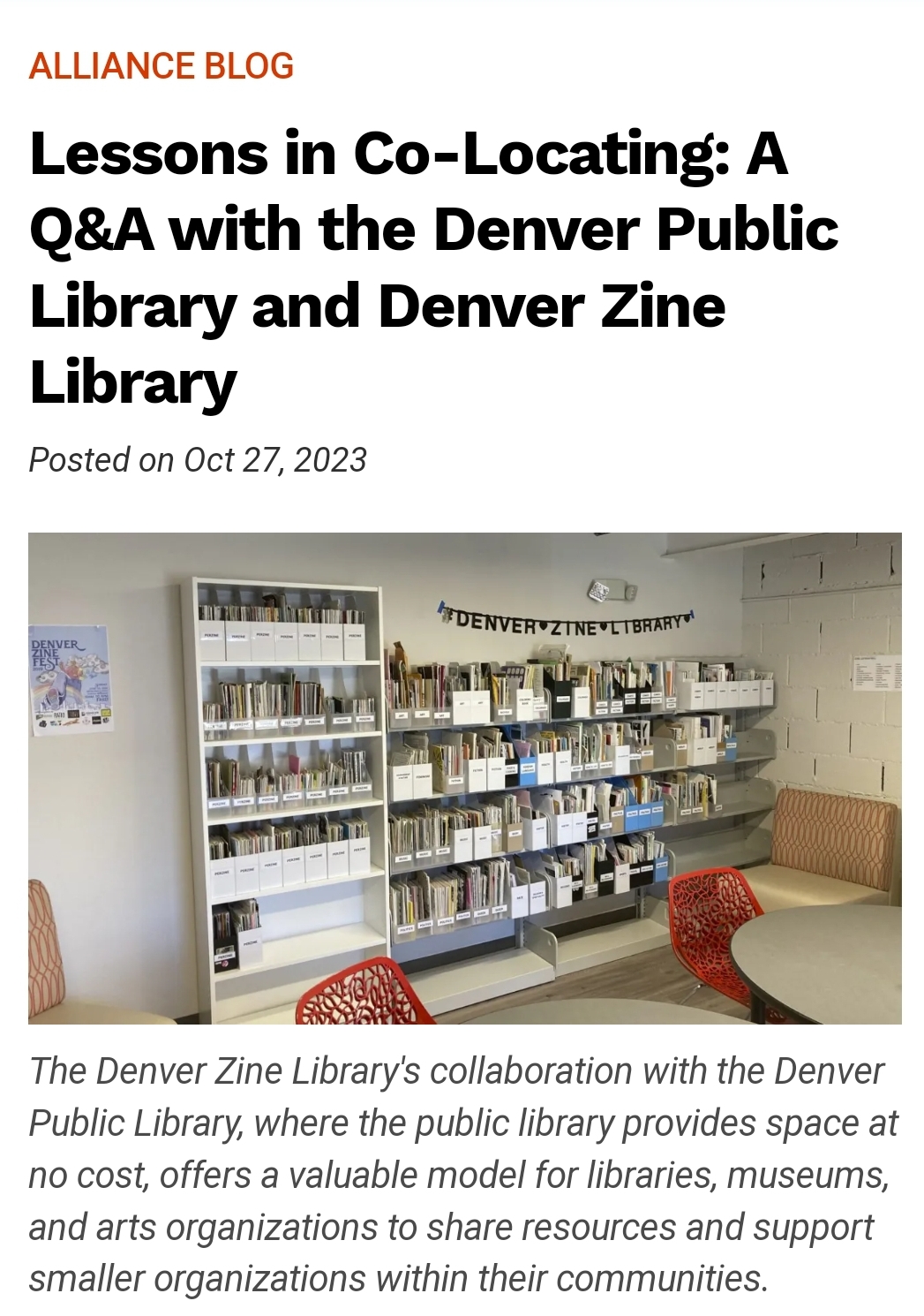 screenshot of the blog post titled Q&A with the Denver Public Library and Denver Zine Library, featuring a photo of multiple shelves full of boxes of zines