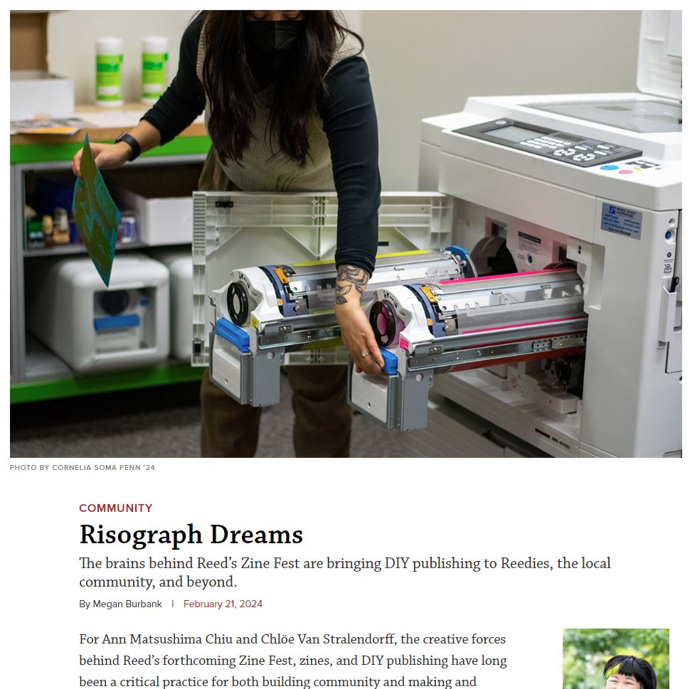 screenshot of the article "Risograph Dreams" with an image of a librarian replacing the ink in a risograph machine