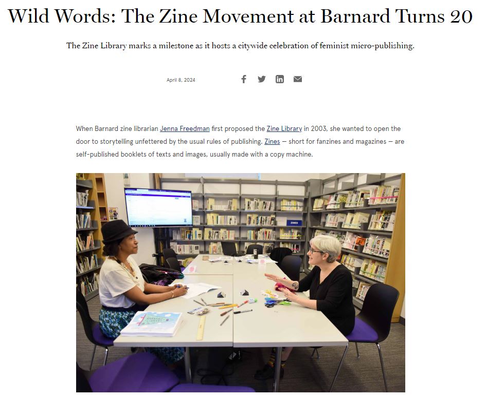 screenshot of the article title and a photo of two people sitting at a table in front of shelves full of zines