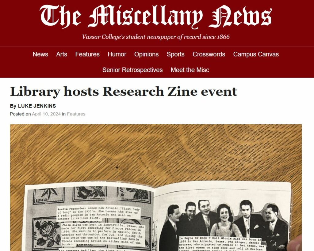 screenshot of article titled "Library hosts research zine event," featuring an image of a black and white collaged zine