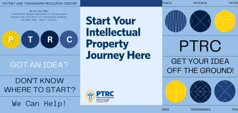 Three pages from a mini zine titled "Start Your Intellectual Property Journey Here". The other pages say if you don't know where to start, the Patent and Trademark Resource Center is a great place to start.
