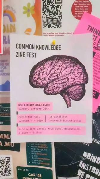 flyer for the Common Knowledge Zine Fest, featuring an image of a fluorescent pink brain.